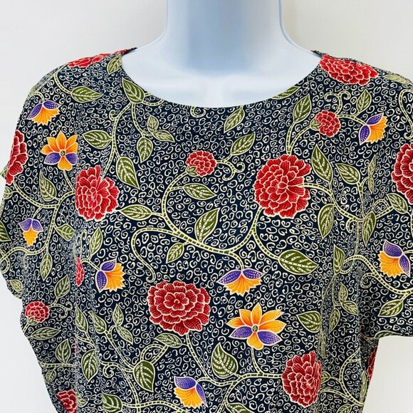 Vintage Liz Claiborne Silk Sheath Dress Size 4 Floral Print Black Red Midi - Picture 3 of 14